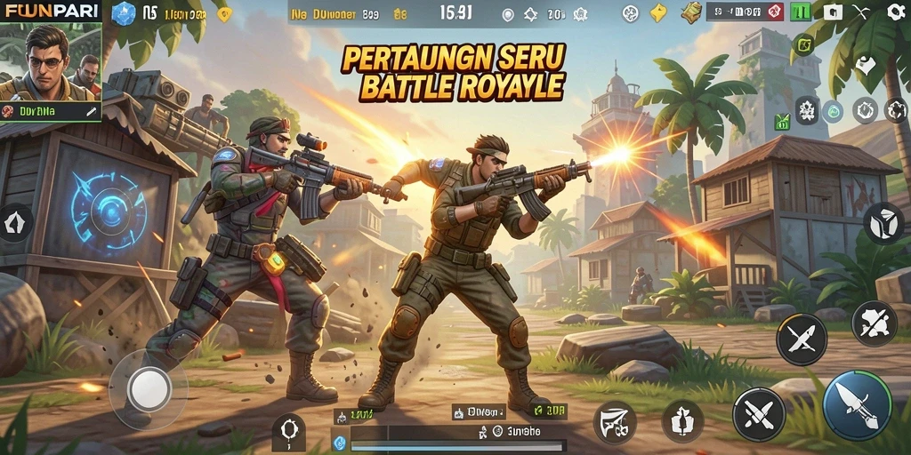 Screenshot utama FUNPARI menampilkan aksi seru dalam pertarungan Battle Royale.