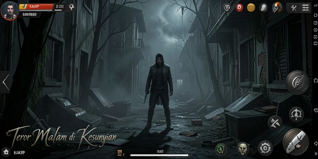 Screenshot gameplay KAKRP menunjukkan suasana mencekam dan karakter menyeramkan.