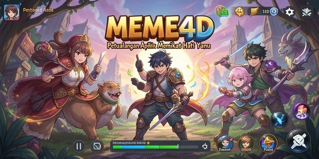 Tampilan gameplay utama MEME4D menampilkan karakter anime yang dinamis dan aksi petualangan yang seru.